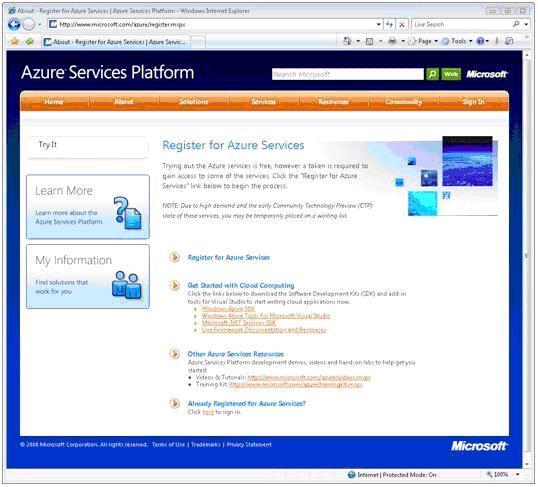 Портал Azure™ Services Platform
