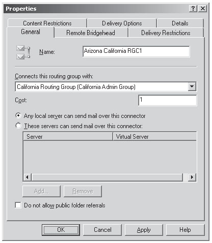Вкладка General (Общие) окна свойств коннектора Routing Group Connector