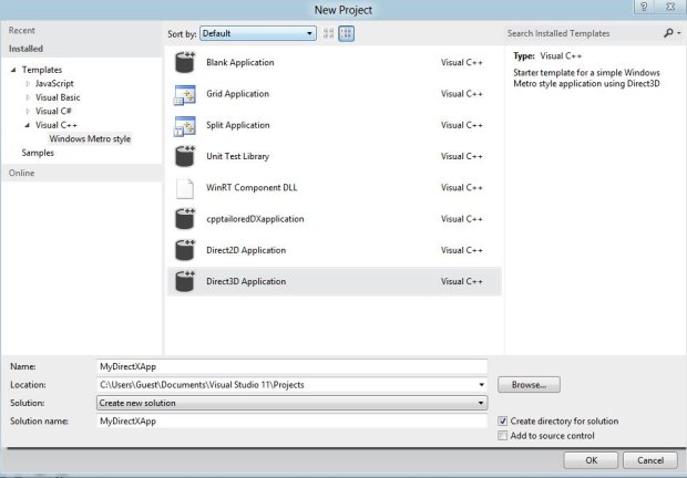  В Visual Studio Express 2012 RC для Windows 8 создается новый проект 