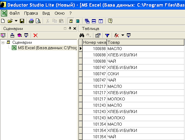 Транзакционная база данных, импортированная в Deductor из файла MS Excel