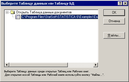 Выбор таблицы для анализа