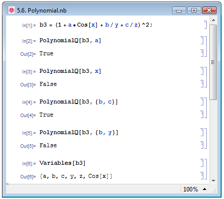 Использование функций PolinomialQ и Variables в отношении полиномов