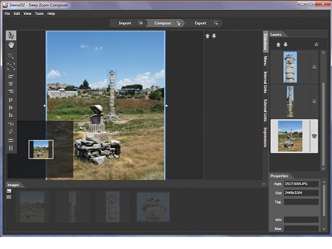  Окно композиции изображений в  Deep Zoom Composer 