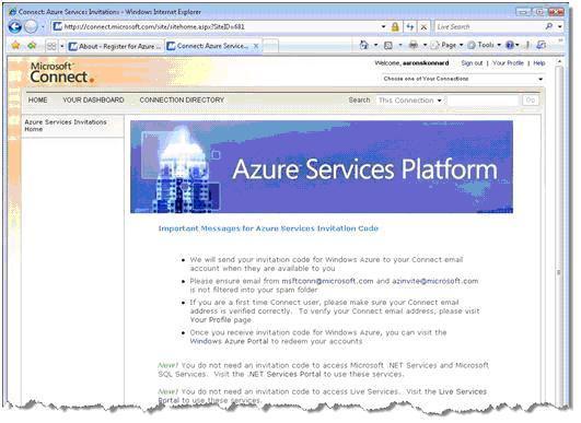 Регистрация для Azure Services Platform на сайте Microsoft Connect
