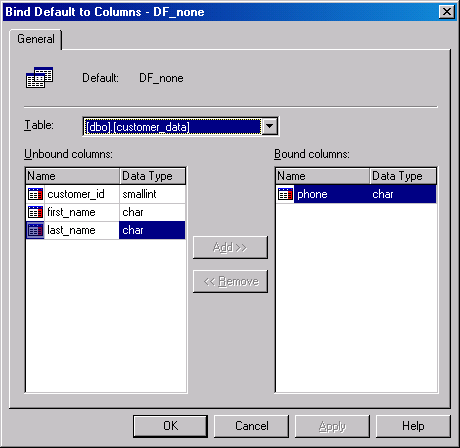  Диалоговое окно Bind Default to Columns (Привязка умолчания к колонкам))