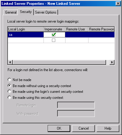  Вкладка Security окна Linked Server Properties