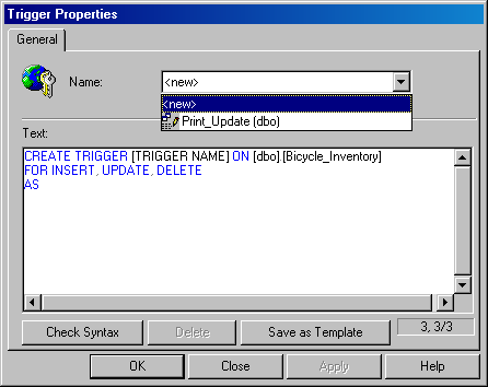 Имя нового триггера в раскрывающемся списке Name