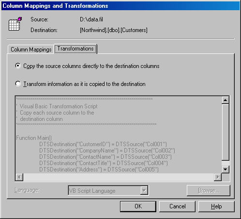   Вкладка Transformations диалогового окна Column Mappings and Transformations
