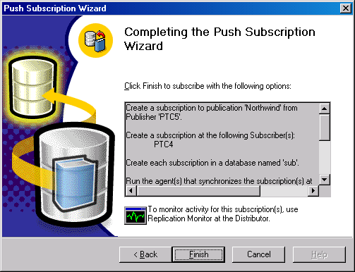 Окно Completing the Push Subscription Wizard (Завершение работы мастера push-подписки)