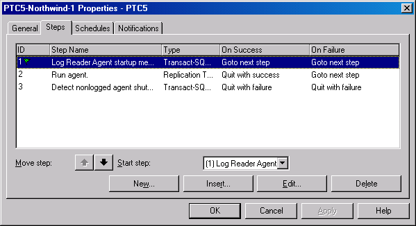 Вкладка Steps (Шаги) окна свойств Log Reader Agent