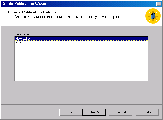 Окно Choose Publication Database (Выбор базы данных для публикации)