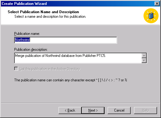 Окно Select Publication Name and Description (Выбор имени и описания публикации)