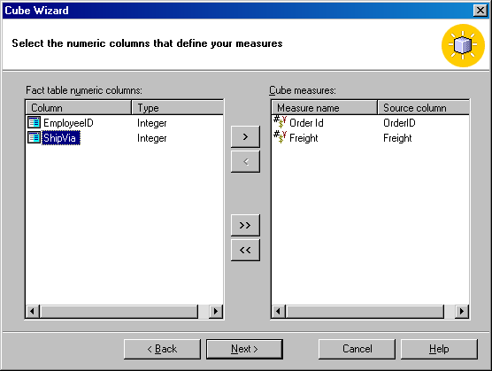 Окно select the numeric columns that define your measures (Выберите числовые колонки, которые определяют ваши измерения) 