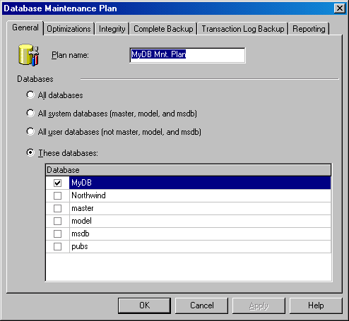 Вкладка General диалогового окна Database Maintenance Plan
