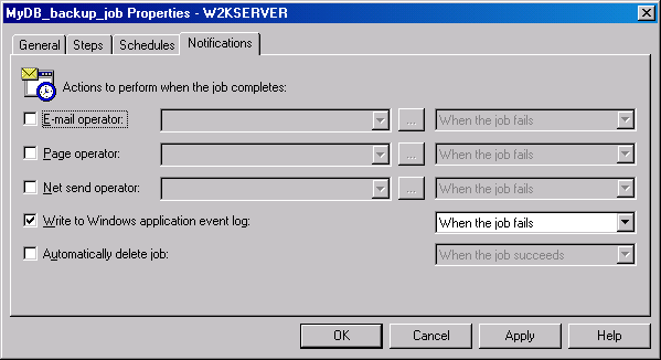  Вкладка Notifications (Уведомления) окна New Job Properties