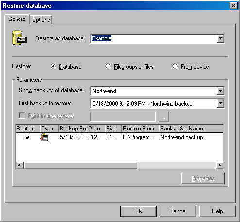 Вкладка General диалогового окна Restore database (Восстановление базы данных)