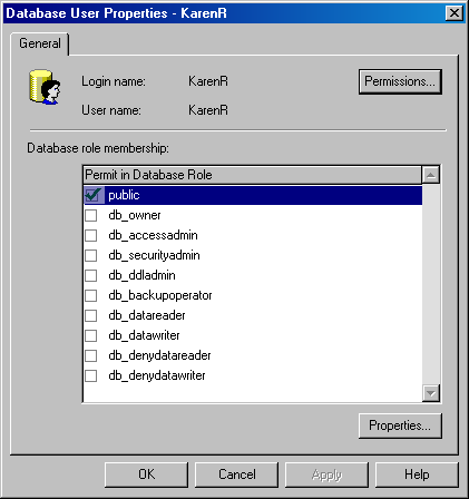 Окно Database User Properties