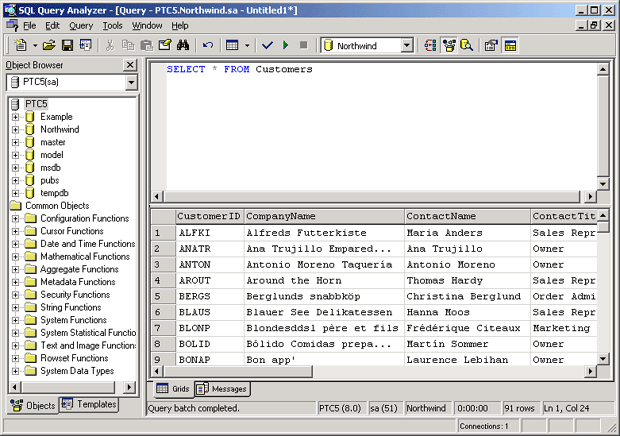 Выполненный запрос в панели Query Analyzer