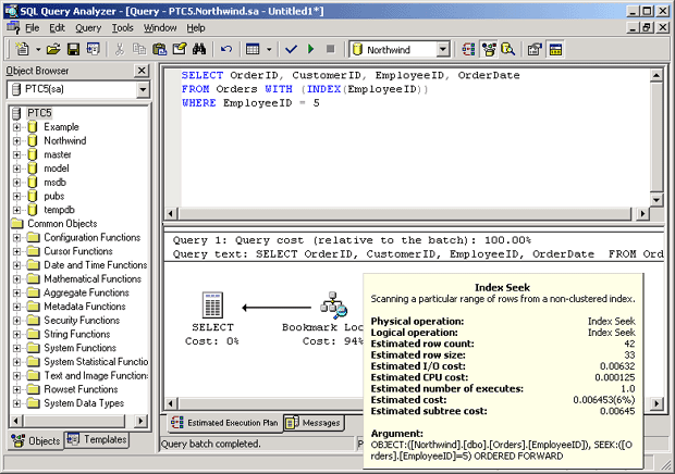 Панель Estimated Execution Plan с измененным планом