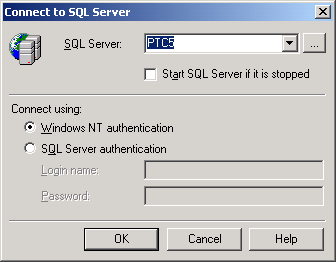 Диалоговое окно Connect to SQL Server