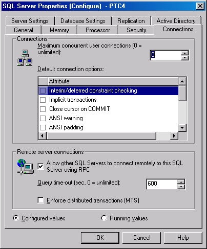 Вкладка Connections (Соединения) окна SQL Server Properties