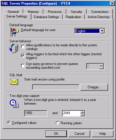 Вкладка Server Settings (Параметры сервера) окна SQL Server Properties