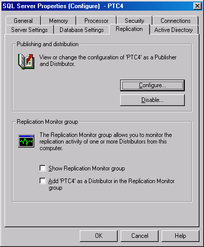 Вкладка Replication (Репликация) окна SQL Server Properties