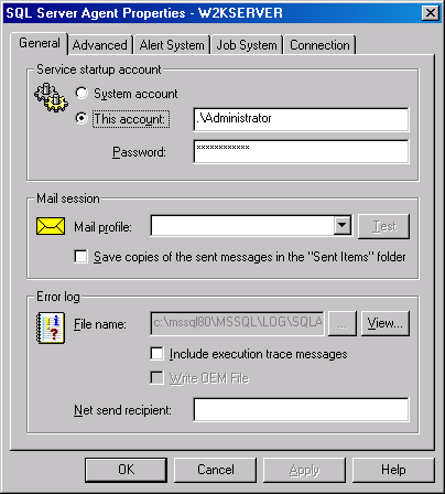  Окно свойств для SQL Server Agent