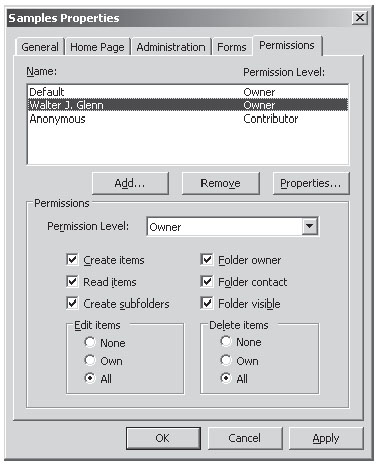 Вкладка Permissions страницы свойств общей папки в Outlook