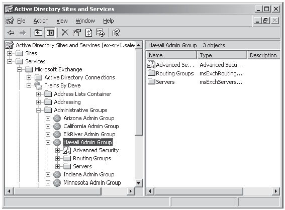 Объект сервера группы администрирования Hawaii Admin group в окне оснастки Active Directory Sites and Services