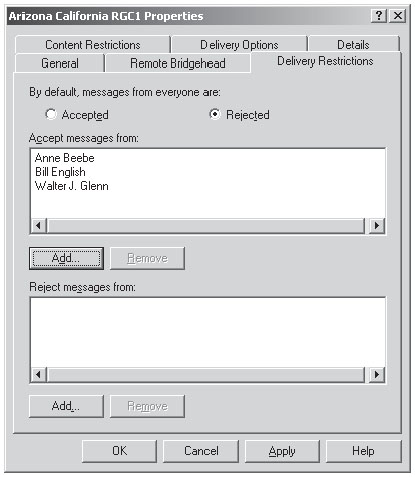 Вкладка Delivery Restrictions (Ограничения доставки) окна свойств коннектора Routing Group Connector