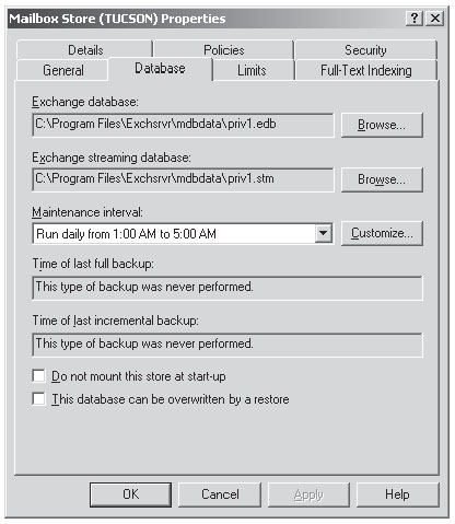 Вкладка Database (База данных) окна свойств хранилища почтовых ящиков