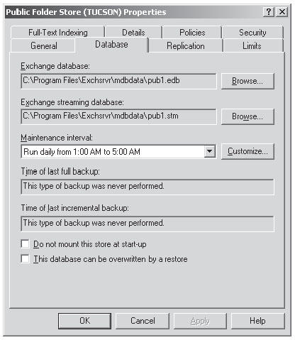 Вкладка Database (База данных) окна свойств хранилища общих папок