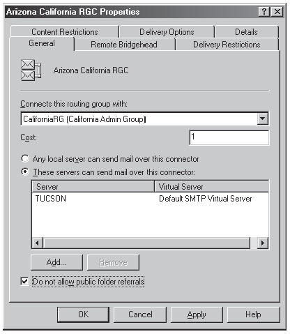 Окно свойств коннектора обмена сообщениями с опцией Do Not Allow Public Folder Referrals (Запретить направления на общие папки)