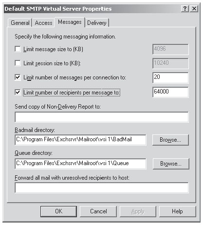 Настройка предела SMTP получателя в оснастке Exchange System (Система)