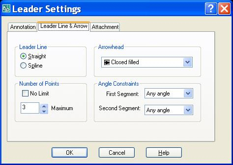 Диалоговое окно Leader Settings, вкладка Leader Line & Arrow