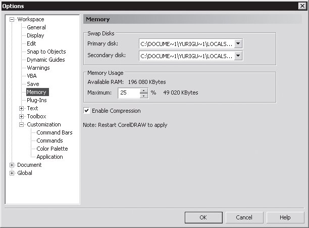 Страница Workspace/Memory (Рабочее пространство/Память) диалогового окна Options (Параметры)