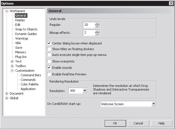 Страница Workspace/General (Рабочее пространство/Общие) диалогового окна Options (Параметры)