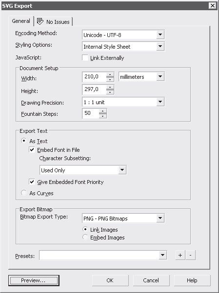 Закладка General (Общие) окна настроек экспорта в SVG