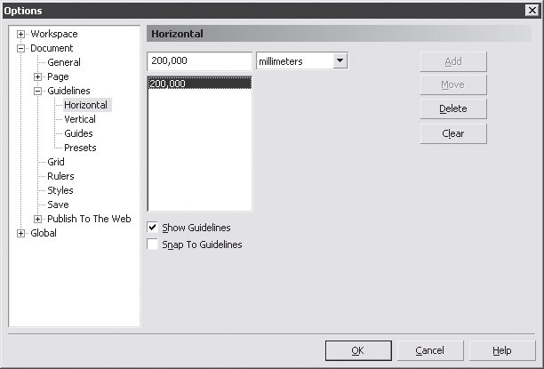 Окно Options (Параметры), страница Document/Guidelines/Horizontal (Документ/Направляющие/Горизонтальные)