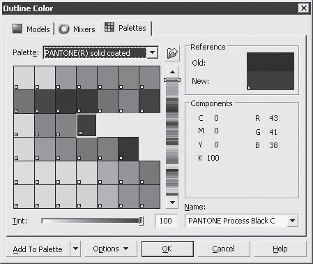 Диалоговое окно Outline Color (Цвет обводки), вкладка Palettes (Палитры)