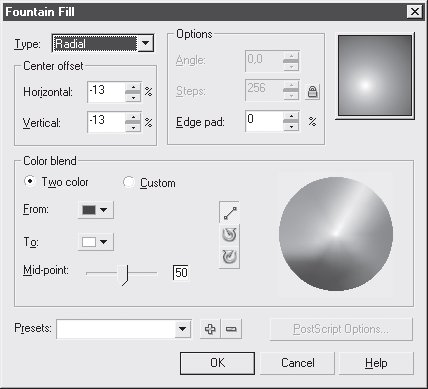 Диалоговое окно Fountain Fill (Градиентная заливка)