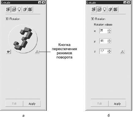 Вкладка Extrude Rotation (Поворот экструзии) пристыковываемого окна Extrude (Экструзия): а — поворот объекта вручную; б — поворот объекта при помощи точных значений