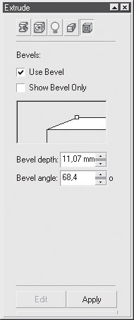 Вкладка Extrude Bevel (Скос экструзии) пристыковываемого окна Extrude (Экструзия)