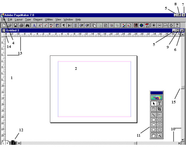 Элементы экрана при работе с публикацией: 1- монтажный стол; 2 - страница публикации; 3 - строка заголовка; 4 - кнопка системного меню; 5 - кнопка сворачивания окна; 6 - кнопка закрытия окна публикации; 7 - кнопка закрытия окна программы; 8 - кнопка разворачивания окна; 9 - кнопка восстановления размеров окна; 10 - полосы прогона; 11 - инструментарий; 12 - указатель страницы; 13 - измерительные линейки; 14 - значок начала координат; 15 – бегунок; 16 – панель кнопок (версия 7)