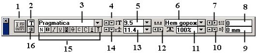 Управляющая палитра с характеристиками шрифта: 1 - кнопка модификации; 2 - кнопка активизации палитры с характеристиками шрифта; 3 -список шрифтов; 4 - кнопки регулировки кегля; 5 - поле значений кегля; 6 - трекинг; 7 - кнопки регулировки расстояния между символами; 8 - расстояние между символами; 9 - сдвиг базовой линии; 10 - регулировка положения базовой линии; 11 - ширина символов; 12 - кнопки настройки ширины символов; 13 - список значений интерлиньяжа; 14 - кнопки настройки интерлиньяжа; 15 - тип начертания (по-порядку слева направо: нормальное, жирное, курсив, подчеркнутое, инверсное, перечеркнутое, капитель, большие буквы, надиндекс, подиндекс); 16 - кнопка активизации палитры с характеристиками абзаца