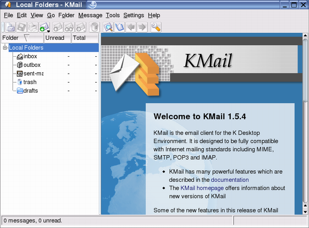Основной экран почтовой программы KMail