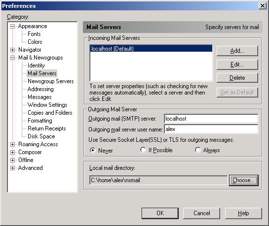 Окно для конфигурации почтового сервера в программе Netscape Mail
