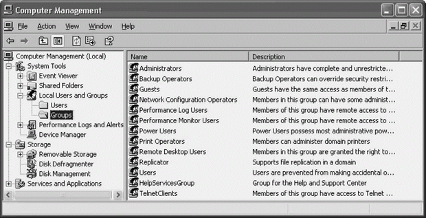 Выберите объект Groups, чтобы увидеть локальные группы на вашем компьютере Windows Server 2003