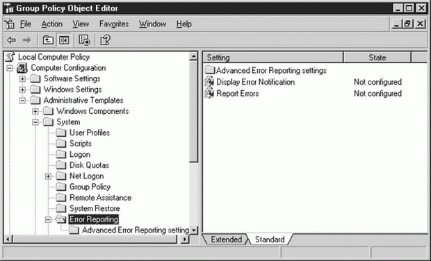 Используйте групповые политики, чтобы активизировать средства отчетов об ошибках